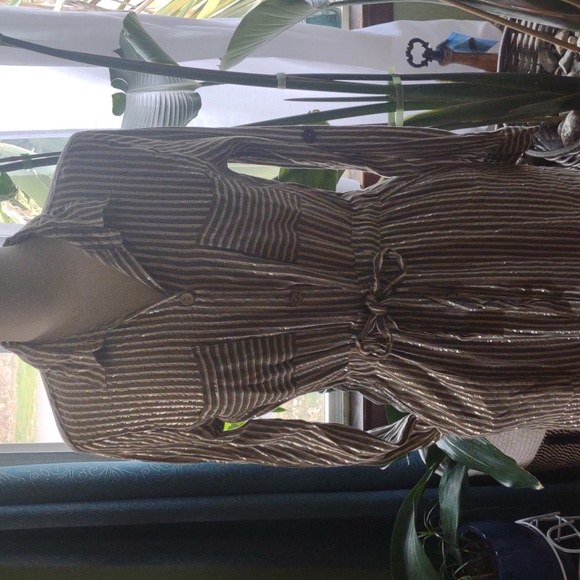 Size LG long sleeve adjustble cuff metallic button down midi dress grey/gold/sil - Picture 3 of 11